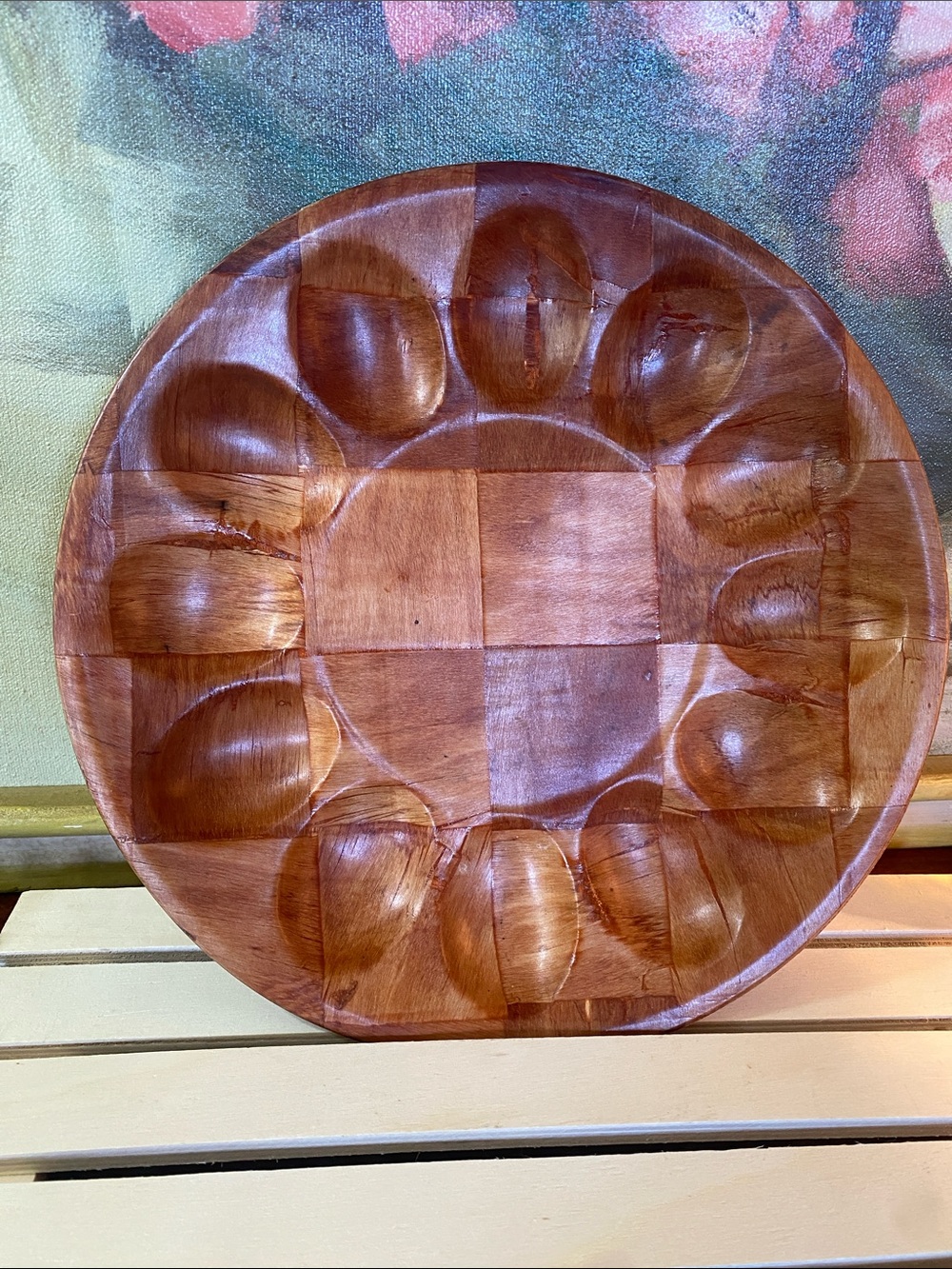 Vintage Mid-Century Modern Woven Wood Deviled Egg Serving Tray